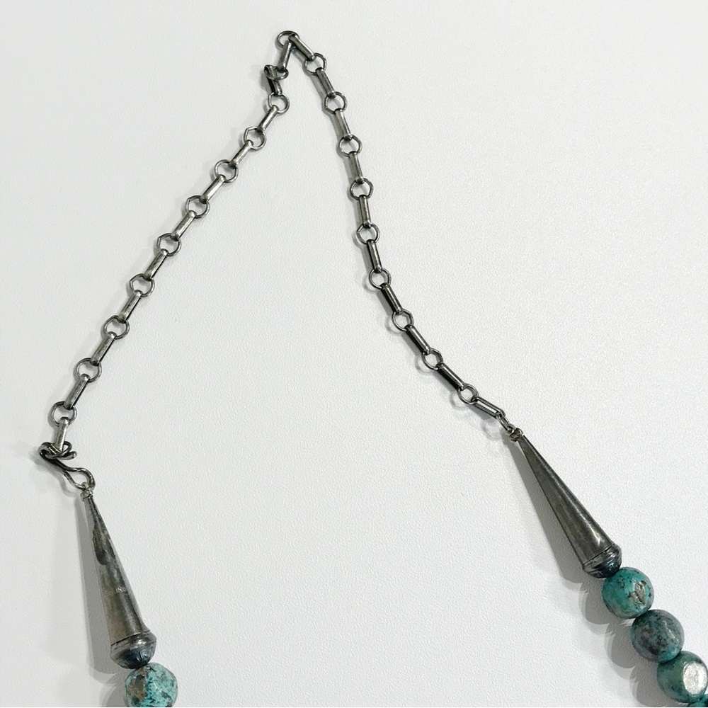 Vintage Native American Sterling Silver 9mm Turquoise Cone Beaded Necklace 24" - Picture 7 of 16